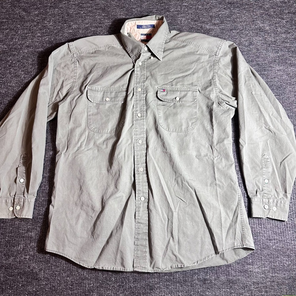 Vintage Tommy Hilfiger Mens Large Utility Shirt Olive Green Cotton Button Down